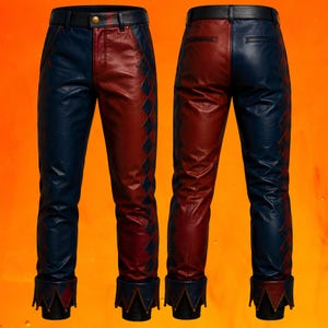 May include: Color-blocked pants featuring a red and blue diamond pattern along the outer seams. The pants have a black waistband with a gold button, a front zipper, and pointed, scalloped cuffs at the ankles. The back view shows two pockets.