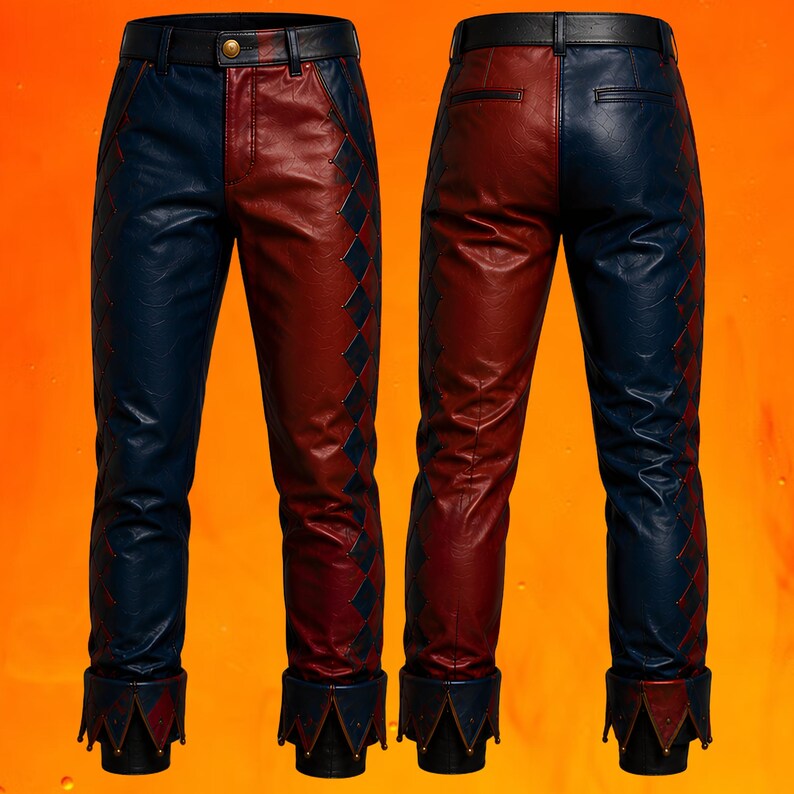 May include: Color-blocked pants featuring a red and blue diamond pattern along the outer seams. The pants have a black waistband with a gold button, a front zipper, and pointed, scalloped cuffs at the ankles. The back view shows two pockets.