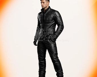 May include: A black leather jacket with a stand-up collar, multiple pockets, and a zip-up front. The jacket is paired with matching black leather pants and boots. The outfit includes black gloves.