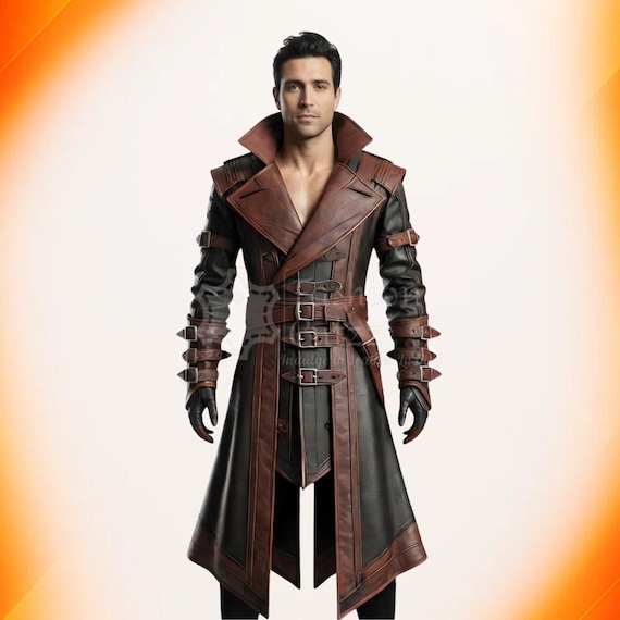 Handmade Fantasy Leather Assassin Gothic Halloween Jacket | Renaissance Medieval Armor Costume | Cosplay Trench Coat