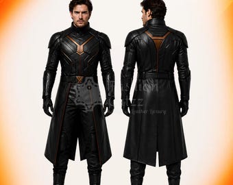 May include: A black leather coat with gold accents, shown from the front and back. The coat features a high collar, shoulder detailing, and a belt. The sleeves are long, and the coat extends to the knees. The text "Fashion Fuzz Leather Luxury" is visible.