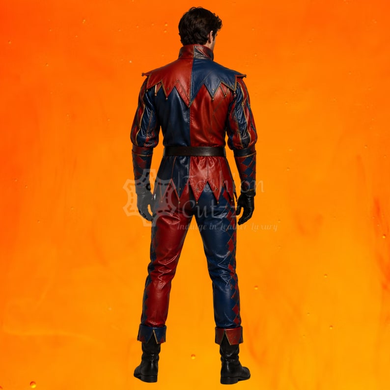 May include: A full-body leather suit featuring a split red and blue color scheme. The garment includes a high collar, long sleeves, a dark belt at the waist, and pointed hem details on the shoulders and jacket base. Black gloves and boots complete the outfit.