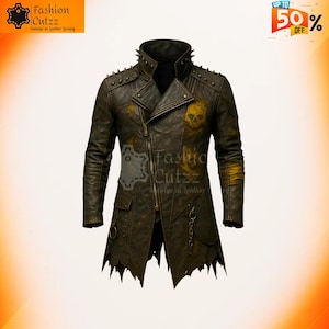 Puede incluir: Chaqueta de cuero marrón desgastado con un gráfico de calavera y tachuelas metálicas. La chaqueta presenta cierre de cremallera, bolsillos y un dobladillo dentado único. El texto "Fashion Cutzz" es visible.
