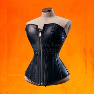Handmade Leather Overbust Corset: Steel Boned Gothic Zipper Top