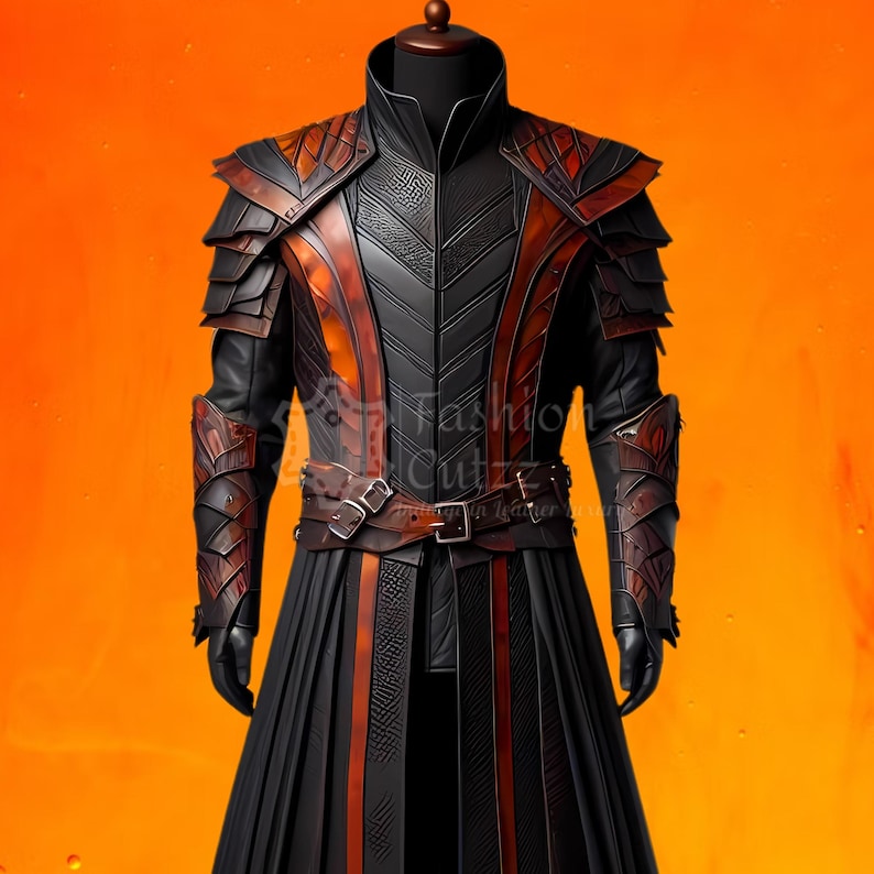Op de afbeelding: Een zwarte leren jas met oranje en bruine accenten. De jas heeft een hoge kraag en een riem. De jas is versierd met ingewikkeld leerwerk.