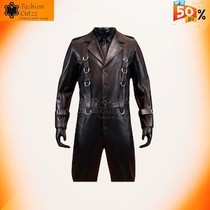 Savage Black Leather Gothic Trench Hooded Suit | Men’s Steampunk Cosplay Hooded Halloween Costume