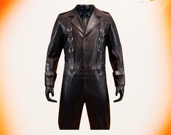 Savage Black Leather Gothic Trench Hooded Suit | Men’s Steampunk Cosplay Hooded Halloween Costume