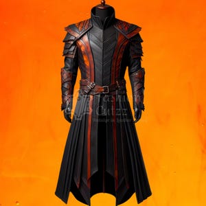 Op de afbeelding: Een zwarte leren jas met oranje accenten en een riem. De jas heeft een lang, vloeiend ontwerp en is versierd met ingewikkelde details. De jas wordt gedragen over een zwart leren harnas met een hoge kraag.