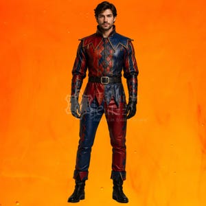 May include: A long-sleeved jacket and matching trousers featuring a red and blue diamond-patterned design. The jacket has a high collar, pointed shoulder flaps, and a black belt with a buckle. The outfit includes black gloves and black boots.