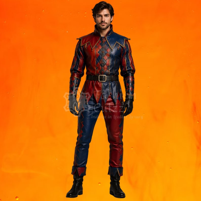 May include: A long-sleeved jacket and matching trousers featuring a red and blue diamond-patterned design. The jacket has a high collar, pointed shoulder flaps, and a black belt with a buckle. The outfit includes black gloves and black boots.
