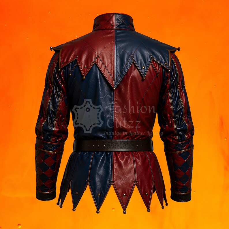May include: A dual-toned red and blue leather jacket featuring a high collar, a pointed shoulder cape, and a pointed hemline. The garment includes a dark brown belt at the waist and small metallic studs at each point. Text reads Fashion Cutzz.