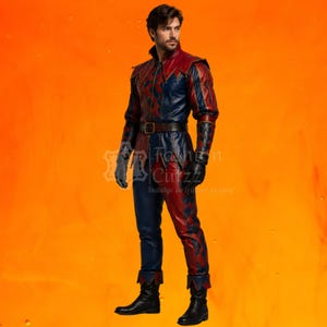 May include: A long-sleeved jacket and matching trousers featuring a red and blue diamond pattern. The outfit includes a dark brown belt with a buckle, black gloves, and black boots. The garment has a high collar and pointed hem details.