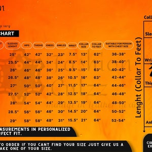 May include: A size chart for leather suits with measurements in inches. The chart includes garment chest, cross shoulder, garment waist, sleeves length, hips, thighs, knees, ankles, wrist, collar size, collar to feet, and suitable for person with chest size.