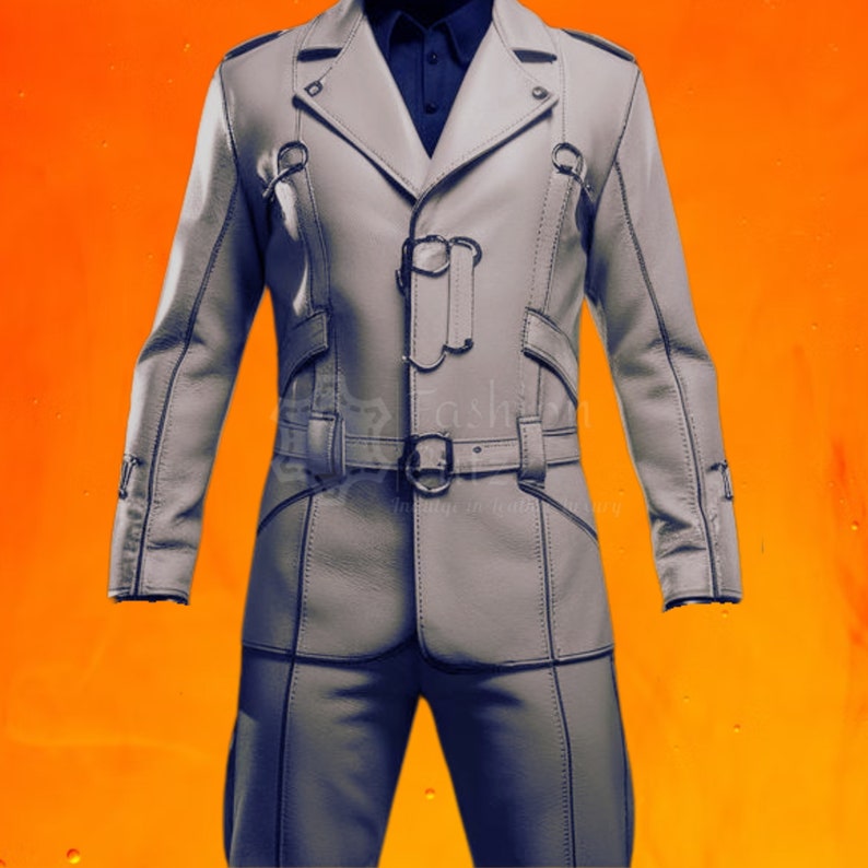 May include: A white leather jacket with a double-breasted closure and multiple buckles. The jacket has a matching pair of pants with a similar design.