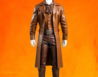 Authentic Savage Brown Cowboy Leather Duster Coat with Pant | Handmade Vintage Western Rodeo Rancher Outfit