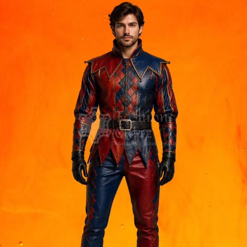May include: A long-sleeved jacket and matching trousers featuring a red and blue diamond pattern. The jacket has a high collar, pointed hem details, and a black leather belt with a silver buckle. Black gloves are worn with the outfit.