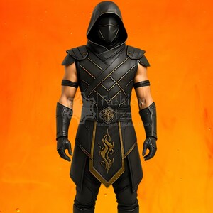 Puede incluir: Disfraz negro y dorado con m&aacute;scara con capucha. El atuendo presenta un chaleco negro con detalles dorados, armadura para los hombros, protectores de brazos y guantes. El disfraz tiene un emblema decorativo en el cintur&oacute;n y un dise&ntilde;o de llama en la parte inferior.