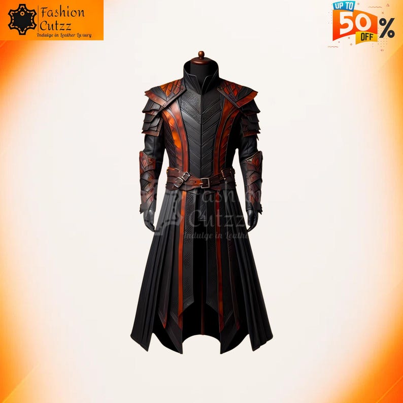 Zwart-oranje gotisch leren tovenaarskostuum | Dark Fantasy vampier-cosplay-pantserjas | Halloween-jas afbeelding 1