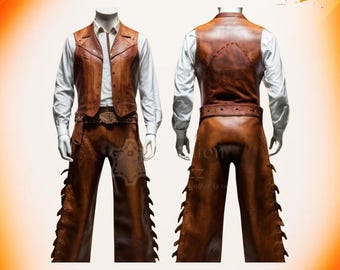 Conjunto de traje vaquero de rodeo para hombre, de cuero resistente / Chaleco marrón clásico vintage y chaparreras con cordones