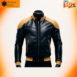 Black Cowhide Biker Jacket with Yellow Racing Stripes | Bold Urban Leather Gothic Moto Jacket