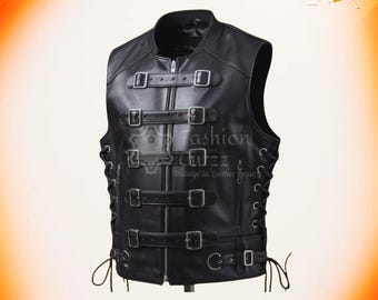 Chaleco gótico de cuero de vaca hecho a mano para uso urbano / Chaleco de motociclista punk negro resistente y resistente