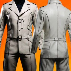 May include: A white leather jacket and matching pants with a double-breasted closure, a belt, and decorative stitching.