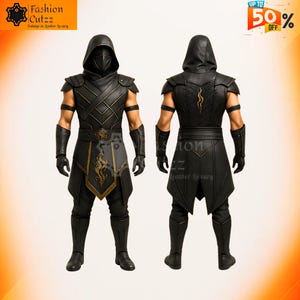 May include: A black and gold costume featuring a hooded mask, shoulder armour, and gloves. The front view displays a stylized emblem, while the back view shows a gold design. The costume is made of leather and has a sleek, modern design.