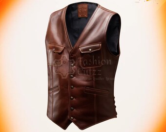 Chaleco de cuero gótico sin mangas para cosplay de piel de oveja marrón puro / Equipo de motociclista steampunk marrón de cuero de vaca real