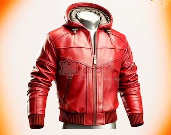 Savage Red Cowhide Leather Hooded Jacket | Retro Urban Raider Outfit | Gothic Street Warrior Gear