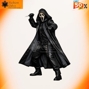 May include: A black leather costume with a Scream mask, holding a knife. The figure is wearing a long coat, gloves, and boots. The image includes the text "Fashion Cutzz" and "Up to 50% Off."