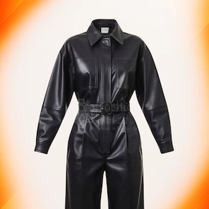May include: A black leather jumpsuit with a collared neckline, long sleeves, and a belted waist. The jumpsuit features two chest pockets and a tailored fit. The overall design is sleek and modern, suitable for various occasions.
