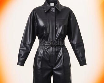 Handmade Black Leather Jumpsuit | Gothic Cyberpunk Assassin Tactical Suit | Sci-Fi Cosplay Costume