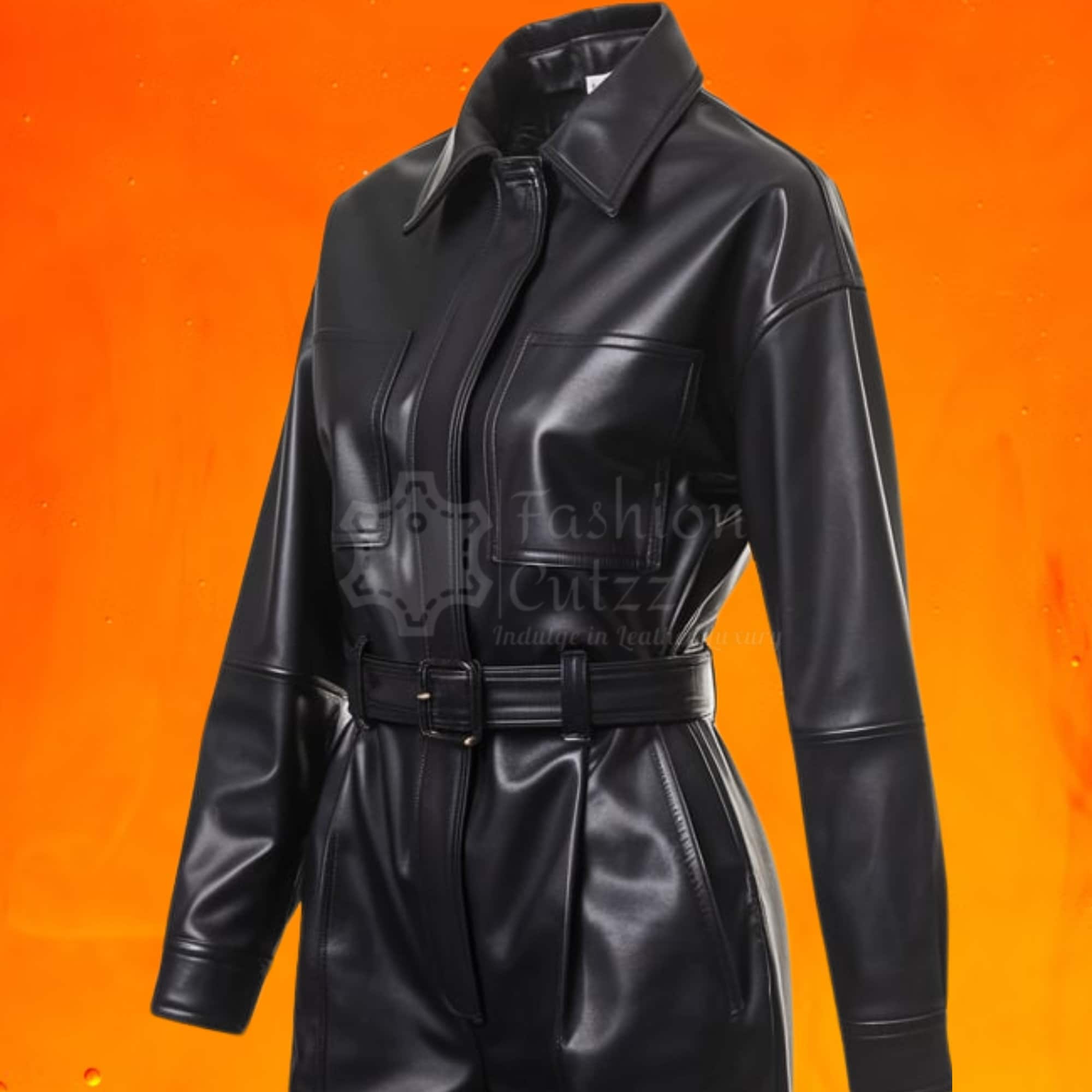 【Anyone more】Kippy Black Leather Jumper Heavy Duty Black Leather Utility Style Belted Jumpsuit