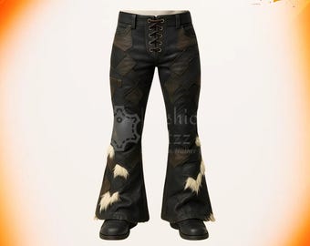 May include: Black leather pants with a patchwork design and flared bottoms. The pants feature a lace-up front and fur accents. The brand logo "Fashion Cuttz" is visible in the top left corner. The pants are paired with black boots.
