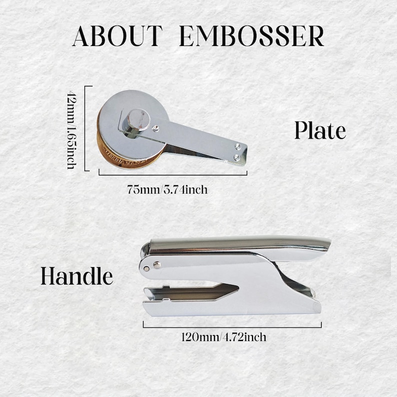 May include: A silver metal embosser with a handle and a plate. The plate is 1.65 inches tall and 5.74 inches wide. The handle is 4.72 inches wide.