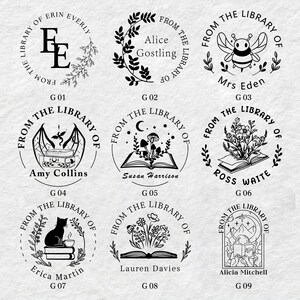 May include: Nine black and white illustrations of book stamps with different designs. Each stamp features the text "From the Library of" and a name. The designs include a bee, a cat, a book with mushrooms, a book with flowers, a book with a dragon, a book with mountains, and a book with a wreath.