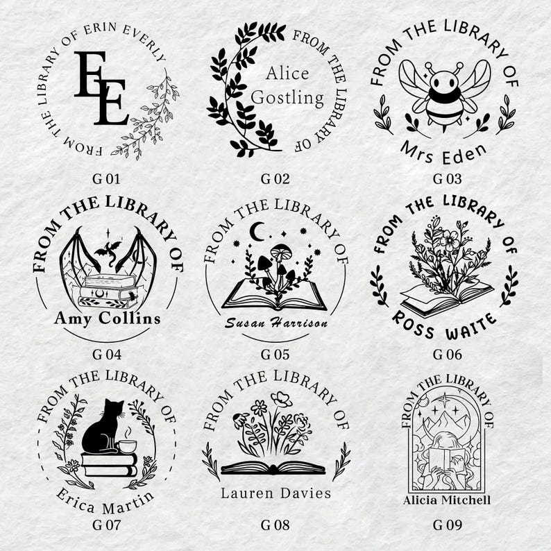May include: Nine black and white illustrations of book stamps with different designs. Each stamp features the text "From the Library of" and a name. The designs include a bee, a cat, a book with mushrooms, a book with flowers, a book with a dragon, a book with mountains, and a book with a wreath.