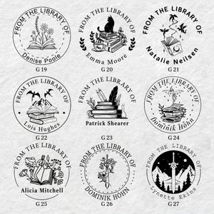 May include: Nine black and white circular stamps with different designs. Each stamp has the text "From the Library of" and a name and a letter and number code. The designs include a cat, a dragon, a mountain, a book, a sword, and flowers.
