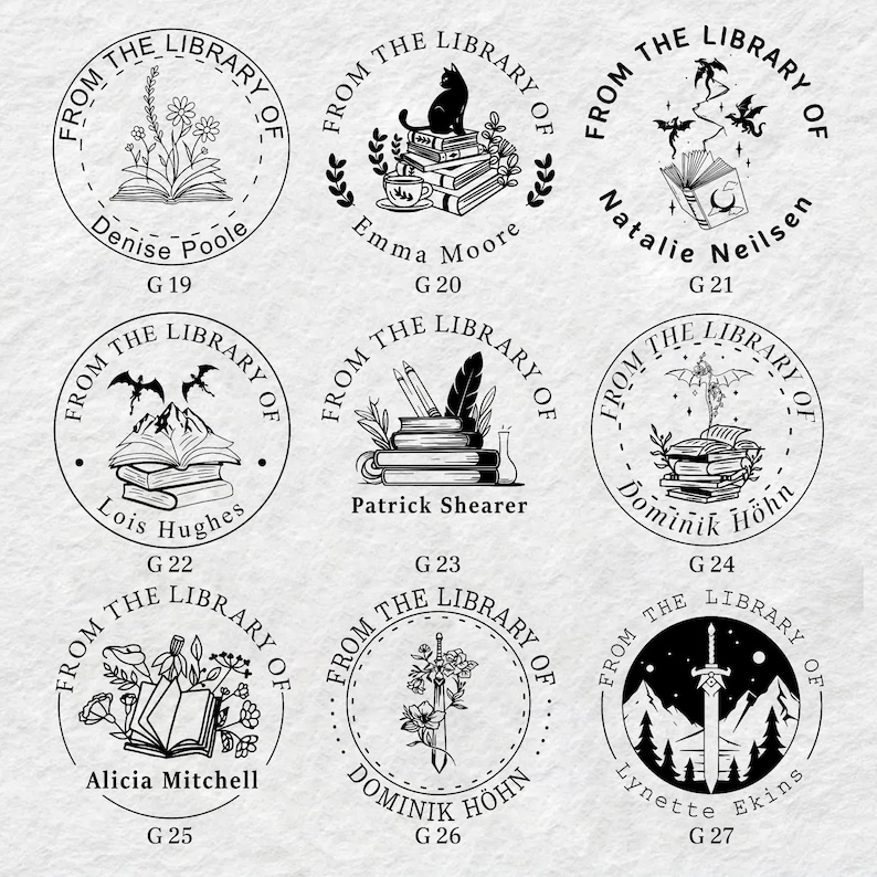May include: Nine black and white circular stamps with different designs. Each stamp has the text "From the Library of" and a name and a letter and number code. The designs include a cat, a dragon, a mountain, a book, a sword, and flowers.