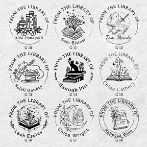 May include: Nine black and white illustrations of book-themed stamps. Each stamp features a different design, including a cat, a sword, flowers, and a moon. The text on the stamps reads "From the Library of" and includes the name of the person or persons associated with the library. The stamps are numbered G10 through G18.