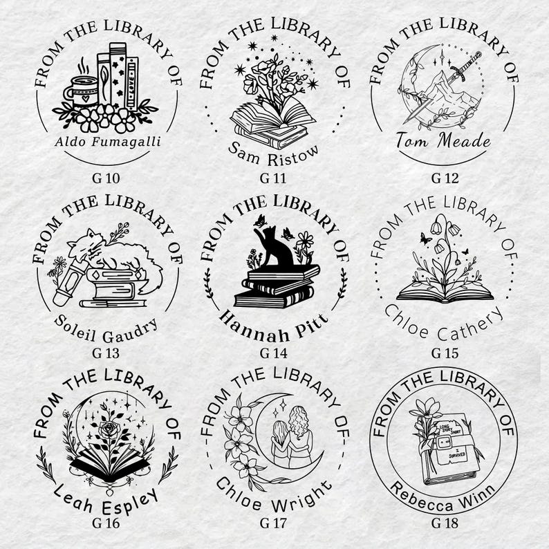 May include: Nine black and white illustrations of book-themed stamps. Each stamp features a different design, including a cat, a sword, flowers, and a moon. The text on the stamps reads "From the Library of" and includes the name of the person or persons associated with the library. The stamps are numbered G10 through G18.