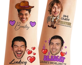 Puede incluir: Tatuajes temporales con caras de dibujos animados, nombres y frases. Los diseños incluyen un sombrero de vaquero, un vaquero con un lazo, corazones y el texto "Same Cowboy Forever" y "Louise's Bachelorette".