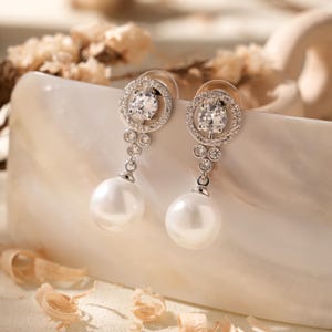 Diamond Pearl Drop Earrings, Sterling Silver Pearl Jewelry,Wedding Earrings,Stud Earrings,Gift For Her,Bridesmaid Gift,Mother&#39;s Day gifts