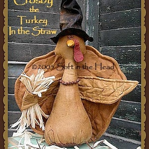 Op de afbeelding: Een handgemaakte kalkoenpop met een bruin lichaam, vleugels en een zwarte hoed. De kalkoen heeft een rode lellen en een gele snavel. De pop houdt een bundel stro vast en heeft de tekst "Crosby the Turkey In the Straw".