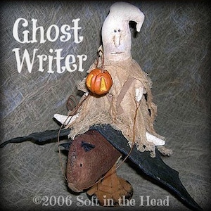 May include: A white ghost with a pumpkin in its hand is riding a brown bat with black wings. The ghost is wearing a burlap sack and has a white face with black eyes. The bat has a brown face and black eyes. The text "Ghost Writer" is written in white letters on a brown background.