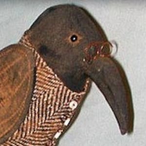 Puede incluir: Primer plano de un cuervo de peluche hecho a mano que lleva un chaleco de tweed marrón y blanco y gafas redondas.