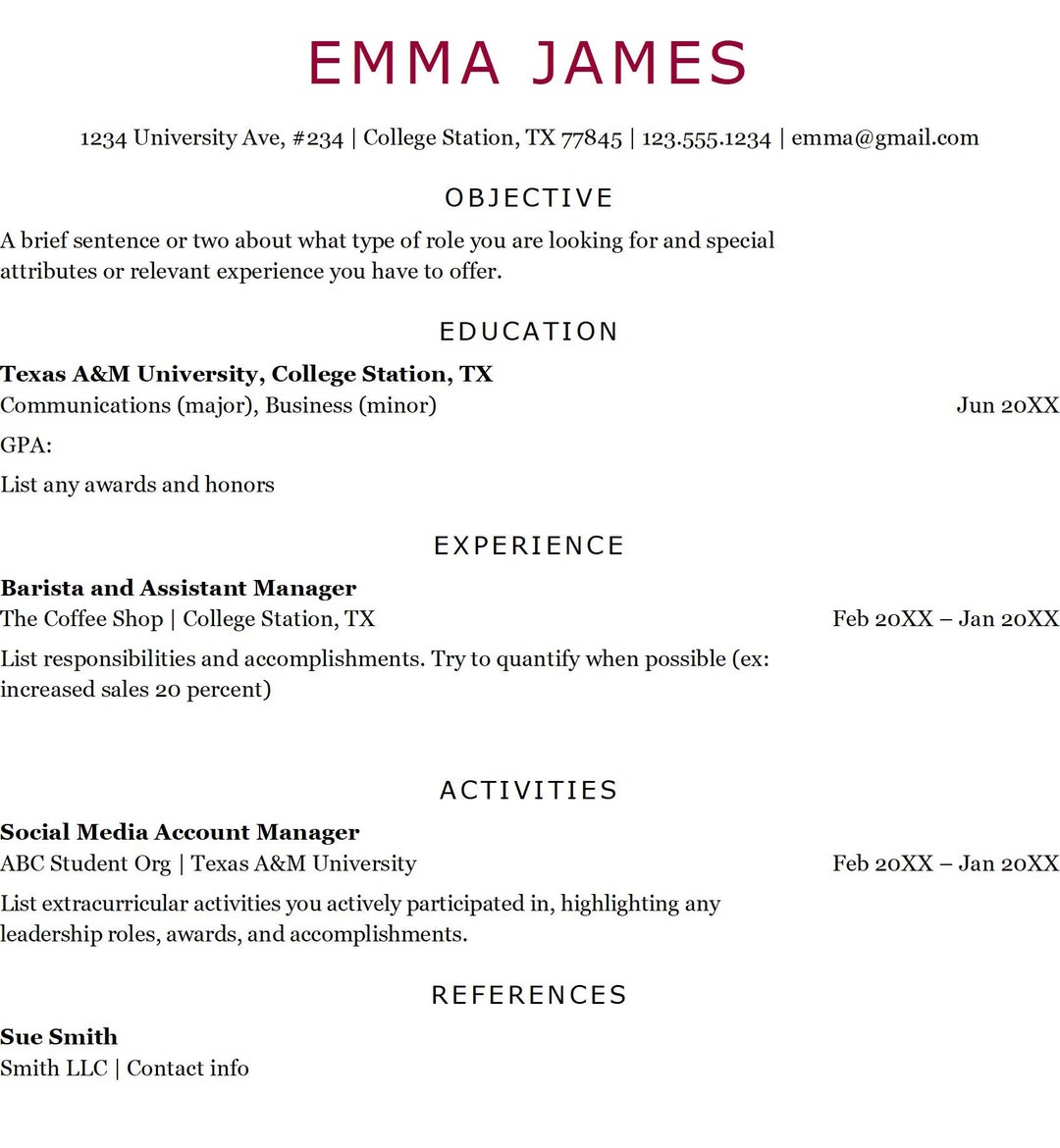 Resume Examples Ut Austin Recent College Graduate Resume, Texas A&M, ATS, Word Template - Etsy