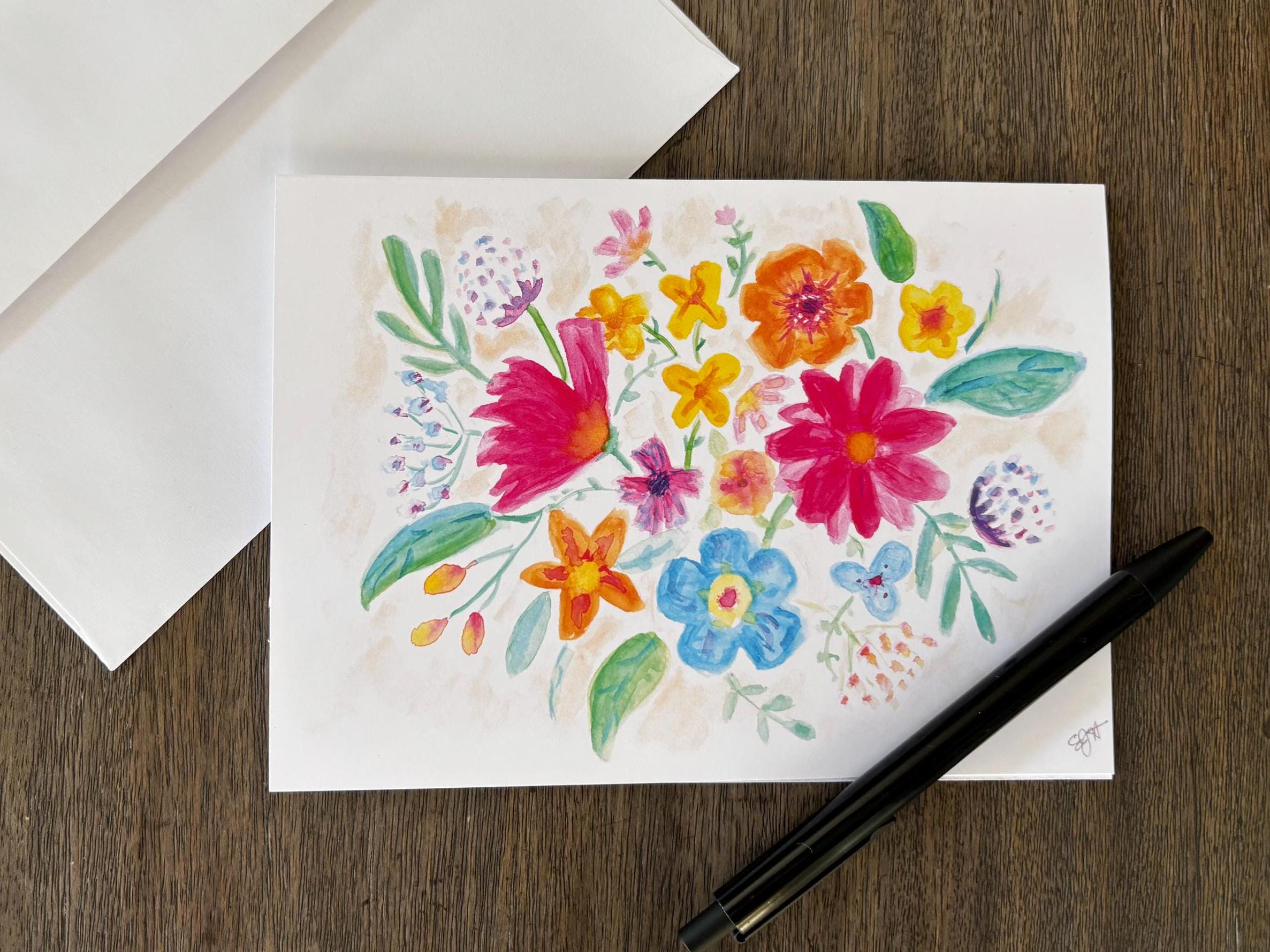 Wildflowers Watercolor Greeting Card Colorful Vibrant Floral Art Hand ...