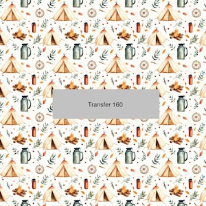 May include: A seamless pattern featuring a repeating design of watercolor illustrations of camping elements. The pattern includes tents, campfires, compass, leaves, and thermoses. The text "Transfer 160" is displayed in the center of the image.