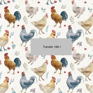 May include: A seamless pattern featuring watercolor illustrations of roosters and hens in various colors, including brown, blue, and white. The background is a light cream color with small floral details.